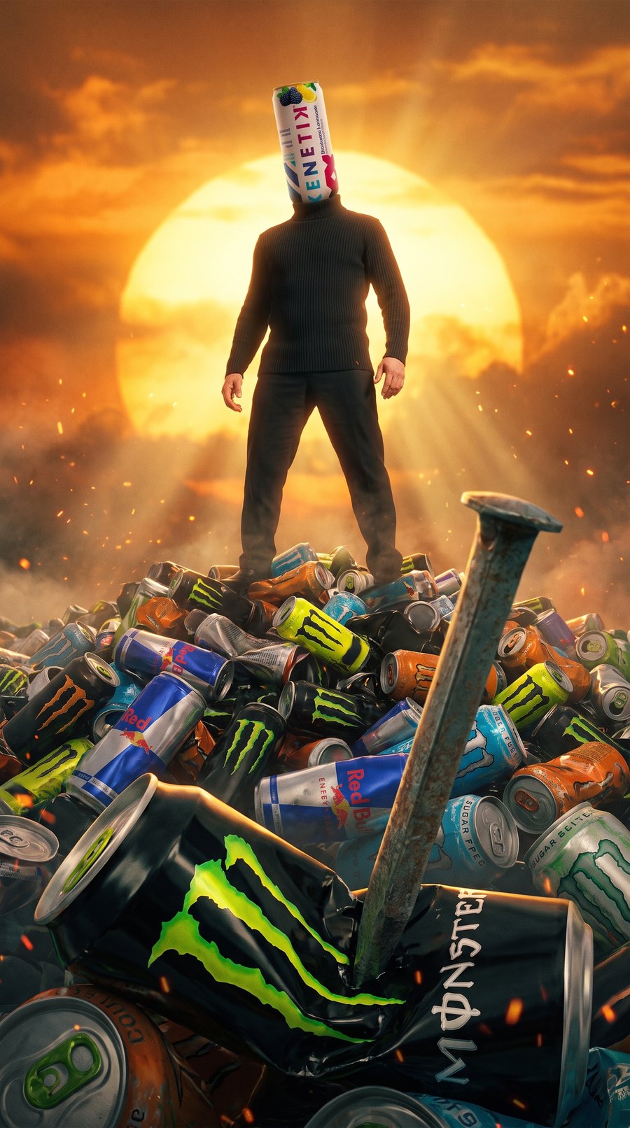 Kenetik on a throne of crushed energy drink cans